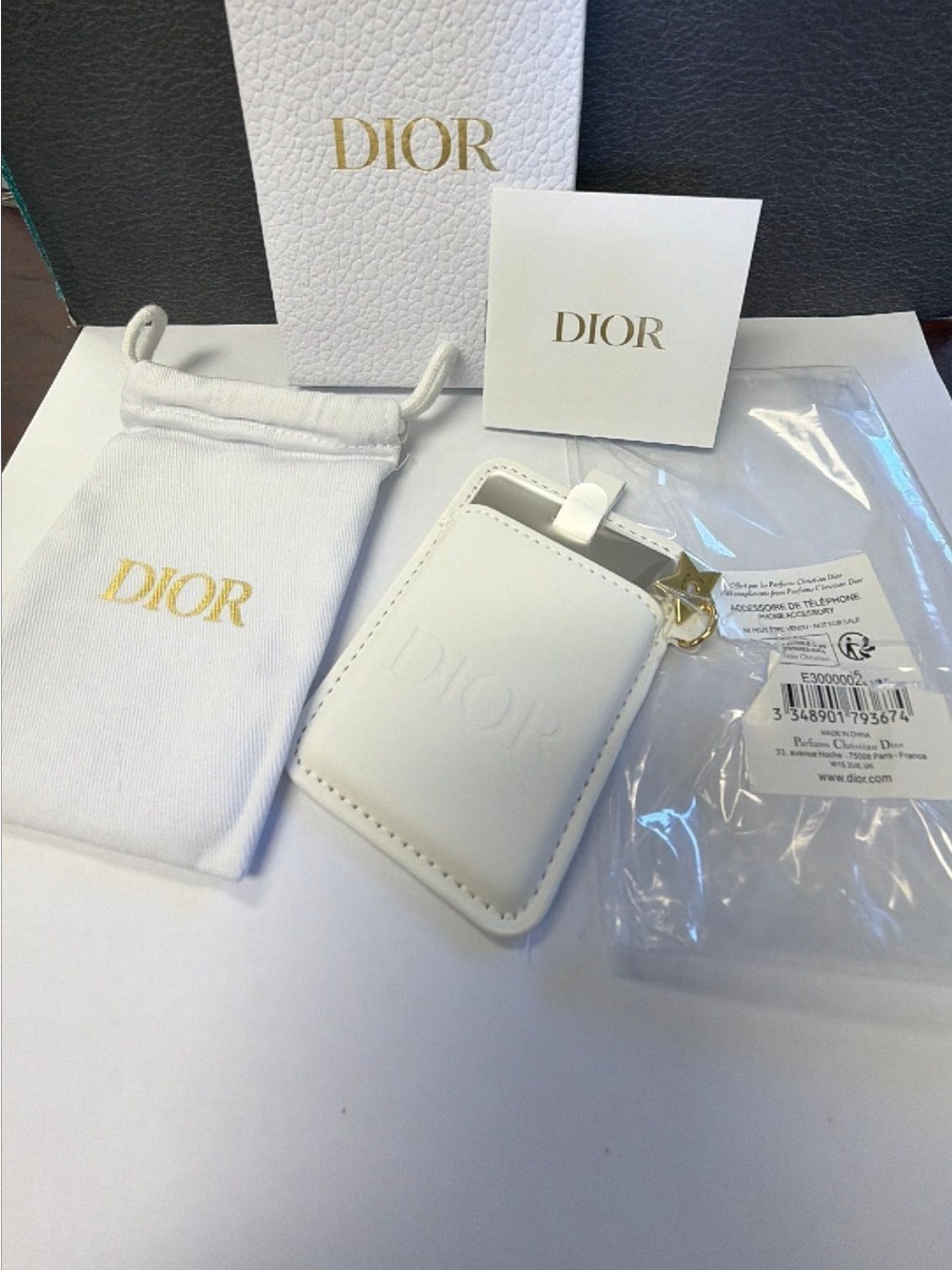 NIB Dior White Leather Phone Card Holder with box and dust bag